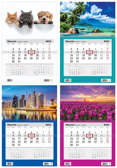 Kalendarz miesięczny, 2023, Ścienny, Mix 4 wzorów, 32x48 cm Sztuka Rodzinna