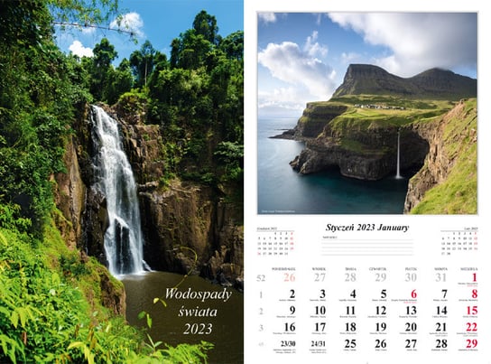 Kalendarz miesięczny, 2023, Ścienny, Wodospady Świata Radwan
