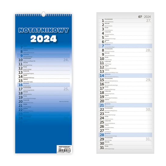 Kalendarz miesięczny, 2024, Slim notatnikowy, 34,4x14 cm Helma 365