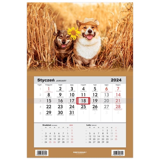 Kalendarz ścienny 2024 miesięczny Sztuka Rodzinna Psy Sztuka Rodzinna