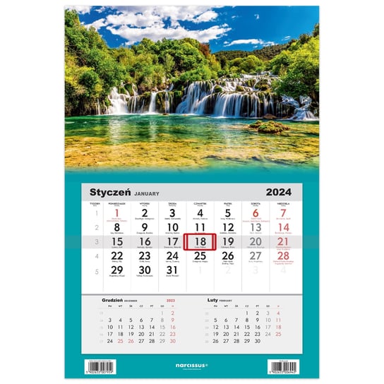 Kalendarz ścienny 2024 miesięczny Sztuka Rodzinna Wodospad Sztuka Rodzinna