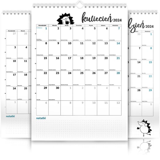 Kalendarz ścienny A3 30x42cm 2024 Kalendarz minimalistyczny z jeżami Inna marka