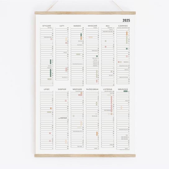 Kalendarz ścienny z naklejkami 2025 - Planer ścienny A2 (z dębowym wieszakiem) FOLLYGRAPH
