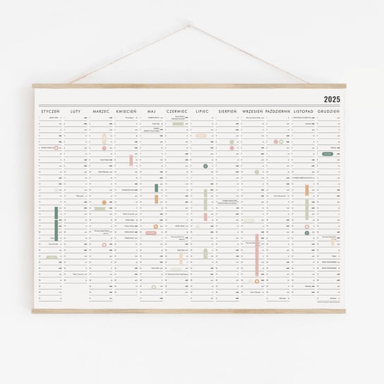 Kalendarz ścienny z naklejkami 2025 - Planer ścienny A2 (z dębowym wieszakiem) FOLLYGRAPH