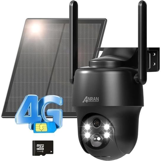 Kamera zewnętrzna ANRAN 3G/4G LTE + panel słoneczny, bateria kamery 2K + karta SIM + karta SD 32 GB, 360° PTZ G1 czarna ANRAN