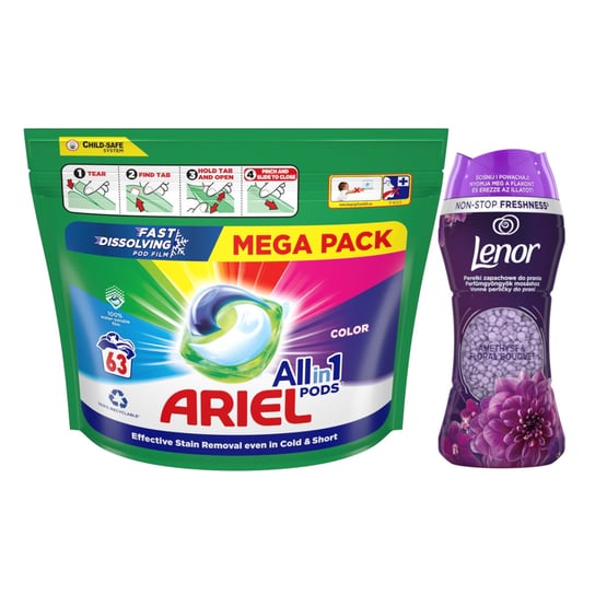 Kapsułki do prania ARIEL All-in-1 Color 63 szt + Perełki zapachowe LENOR Amethyst 210 g Ariel