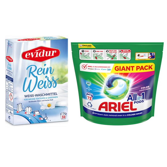 Kapsułki do prania ARIEL All-in-1 PODS 72 szt + Proszek do firan i białego EVIDUR 600 g Ariel