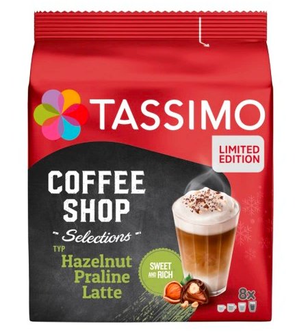 Kapsułki Tassimo Hazelnut Praline Latte 8 kaw białych, rozmiar XL Tassimo