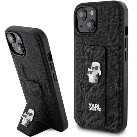 Karl Lagerfeld Etui Obudowa Case Do Iphone 15 / 14 / 13 6.1" Czarny/Black Hardcase Gripstand Saffiano Karl&Choupette Pins Karl Lagerfeld
