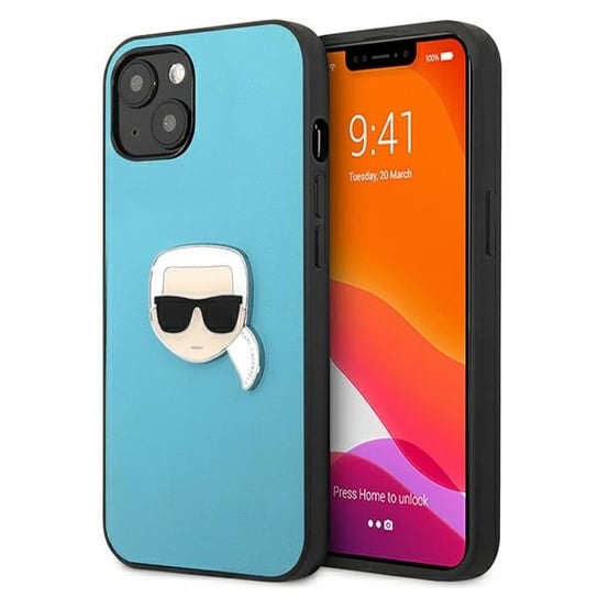 Karl Lagerfeld KLHCP13MPKMB iPhone 13 6,1" niebieski/blue hardcase Leather Ikonik Karl`s Head Metal Karl Lagerfeld