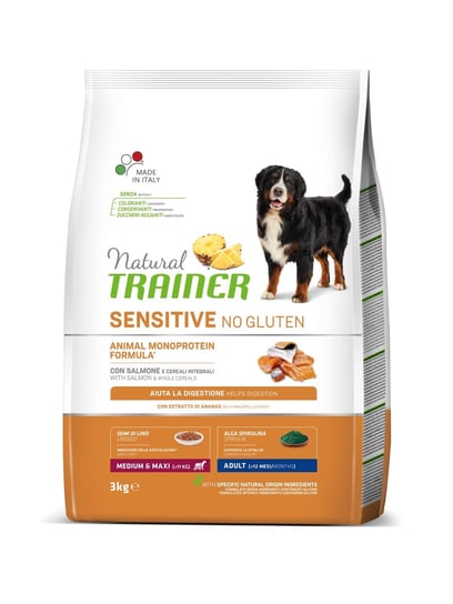 Karma dla dorosłych psów ras średnich i dużych TRAINER Sensitive No Gluten Medium&amp;Maxi Adult Łosoś 3 kg + kość Comfy TRAINER