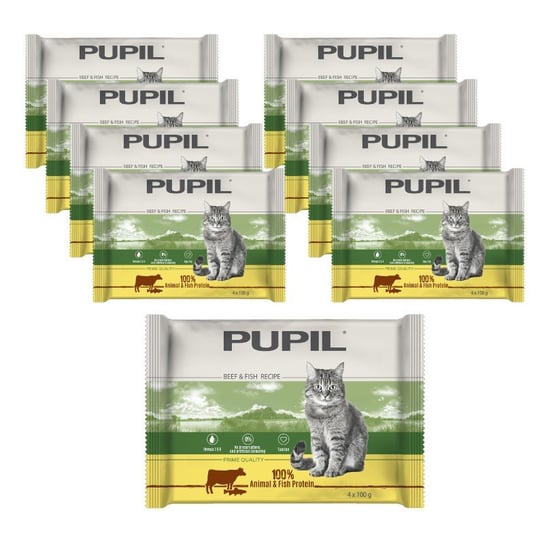 Karma dla kota PUPIL FOODS Prime Quality, bogata w wołowinę z wątróbką i bogata w pstrąga z łososiem, 9x(4x100 g) PUPIL Foods