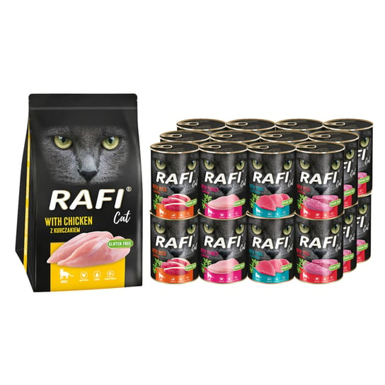 Karma dla kota RAFI Mokra MIX smaków 24x 400 g + Sucha z kurczakiem 1,5 kg Dolina Noteci