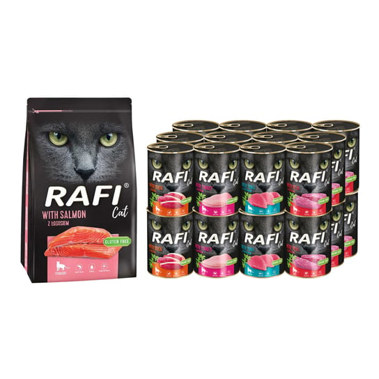 Karma dla kota RAFI Mokra MIX smaków 24x 400 g + Sucha z łososiem 1,5 kg Dolina Noteci