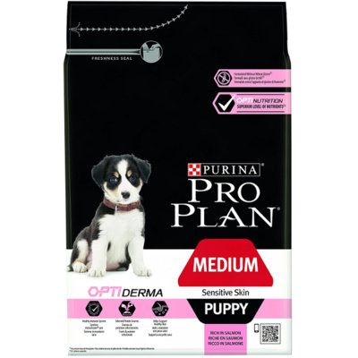 Karma dla młodych psów średnich ras PRO PLAN OptiDerma Puppy Medium Sensitive Skin, 3 kg . Nestle
