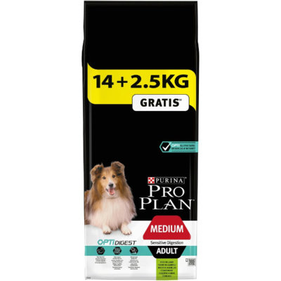 Karma dla psów o wrażliwym przewodzie pokarmowym PRO PLAN Medium Adult Jagnięcina, 14 kg + 2,5 kg . Nestle
