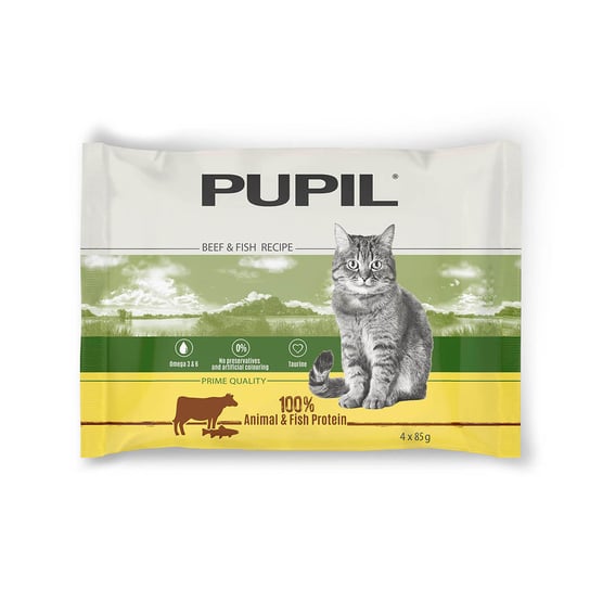 Karma mokra dla kota Pupil Prime Quality Bogata W Wołowinę Z Wątróbką + Pstrąga Z Łososiem 4 X 85 G PUPIL Foods