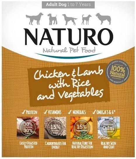 Karma mokra dla psa NATURO Adult, kurczak, jagnię z ryżem i warzywami, 400 g Naturo