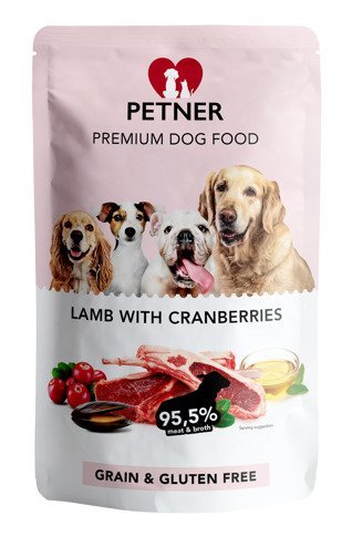 Karma mokra dla psa PETNER, jagnięcina z żurawiną, 500 g Petner