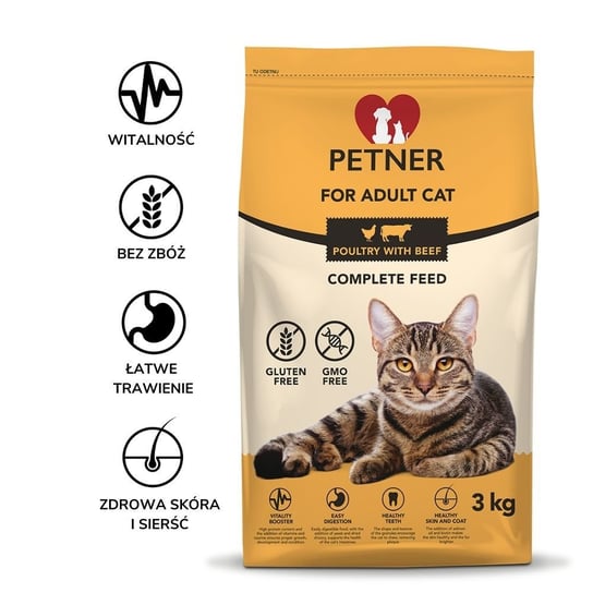 Karma sucha dla kota PETNER Adult Cat, kurczak i wołowina, 3 kg Petner