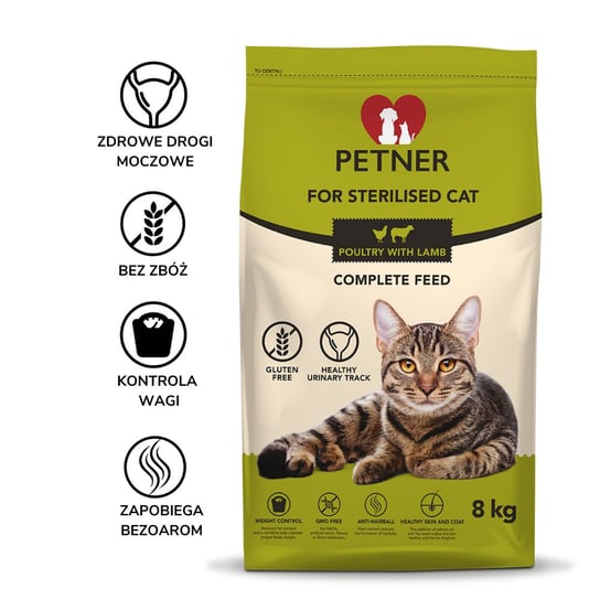 Karma sucha dla kota PETNER Sterilised Cat, kurczak i jagnięcina, 8 kg Petner