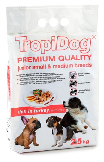 Karma sucha dla psa TROPIDOG Premium Junior S/M Turkey & Rice, 2,5 kg Tropidog