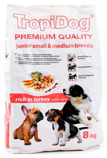 Karma sucha dla psa TROPIDOG Premium Junior S/M Turkey & Rice, 8 kg Tropidog