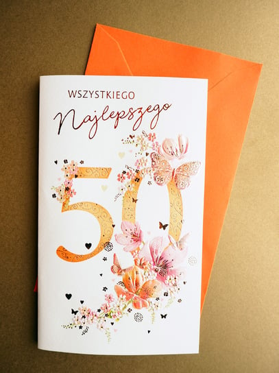 Karnet okolicznościowy, 50 urodziny, biało-pomarańczowy Derform