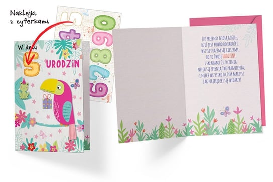 Karnet okolicznościowy, DK-710, urodziny dziecięce (papuga, wymienne cyferki) Kukartka