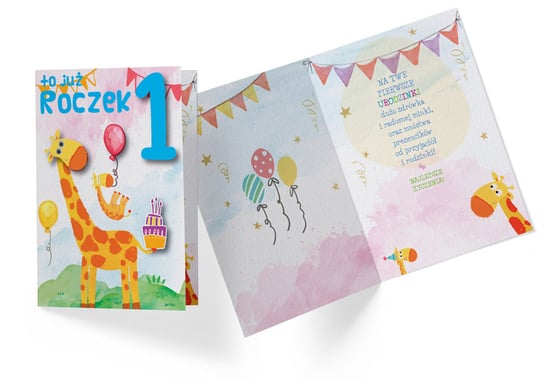 Karnet okolicznościowy, DK-718, 1 urodziny, (cyferki, żyrafa) Kukartka