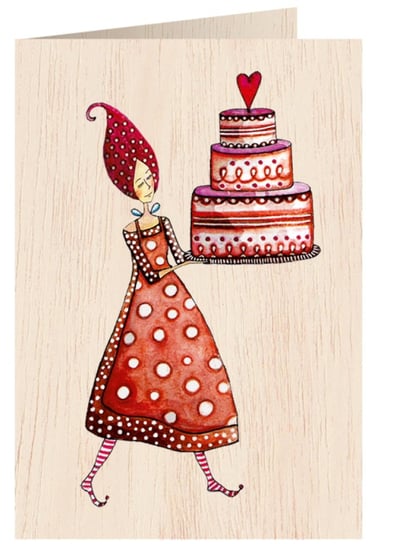 Karnet okolicznościowy drewniany, Kobieta z tortem Cozywood