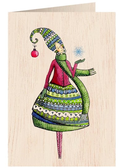 Karnet okolicznościowy drewniany, Kobieta ze śnieżynką Cozywood