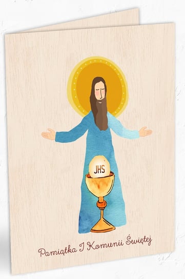 Karnet okolicznościowy, drewniany, Pierwsza Komunia Święta, Jezus Cozywood