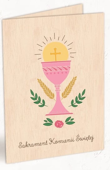 Karnet okolicznościowy, drewniany, Pierwsza Komunia Święta, Kielich, różowy Cozywood