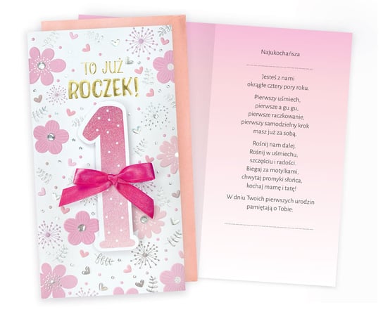 Karnet PM-266 1 Urodziny (roczek, cyferki, różowe kwiatki) Kukartka