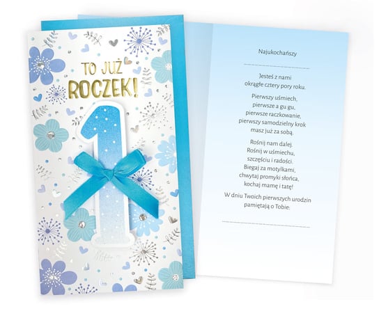 Karnet PM-267 1 Urodziny (roczek, cyferki, niebieskie kwiatki) Kukartka