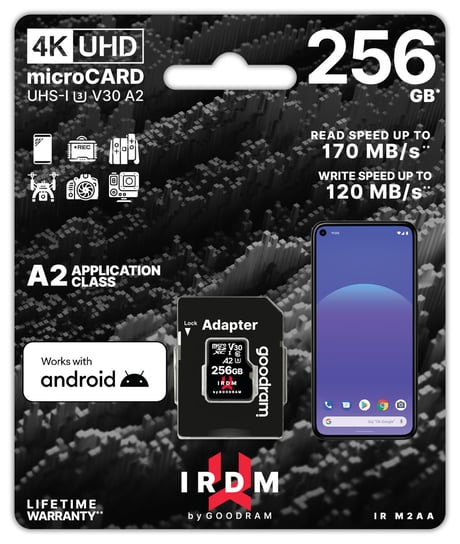 Karta pamięci 256GB + adapter microSDXC, UHS-1, U3, V30, A2 GOODRAM IRDM IR-M2AA-2560R12 170/120 MB/s GoodRam
