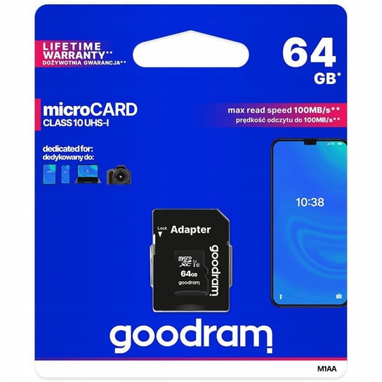 KARTA PAMIĘCI MICRO SD 64 GB GOODRAM CLASS 10 100MB/S + ADAPTER GoodRam