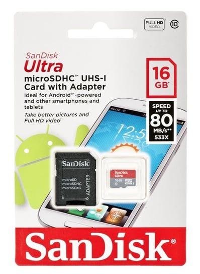 Karta pamięci SANDISK microSDHC Ultra, 16 GB, Class 10 + adapter SD SanDisk