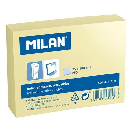 Karteczki Samoprzylepne Żółte Milan, 100 X 75Mm, 250 Szt. Milan