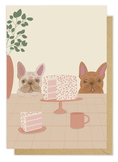 Kartka buldogi francuskie urodziny imieniny Pink Pug