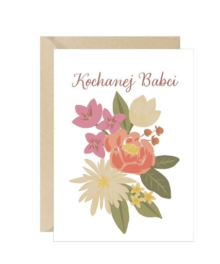 Kartka minimalistyczna dzień babci kwiaty Pink Pug