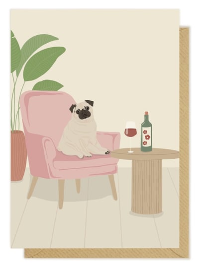 Kartka mops i wino - urodziny imieniny Pink Pug