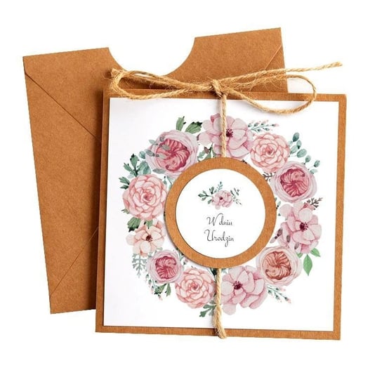 Kartka Okolicznościowa na Urodziny - Eco Vintage Wianek - Kwiaty Różowe - Karnet urodzinowy OCHprosze