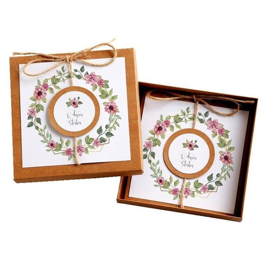 Kartka Okolicznościowa w Pudełku na Ślub - Eco Vintage Wianek - Geometryczny Róż - Karnet ślubny OCHprosze