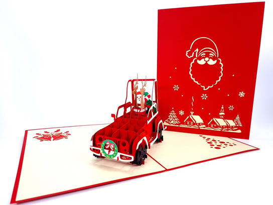 Kartka świąteczna 3D, Mikołaj rozdający prezenty z auta GrandGift