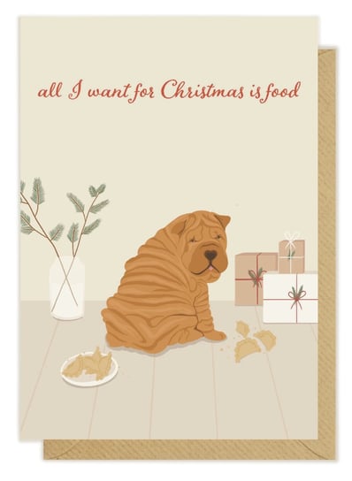 Kartka świąteczna Boże Narodzenie all i want for christmas is food Pink Pug