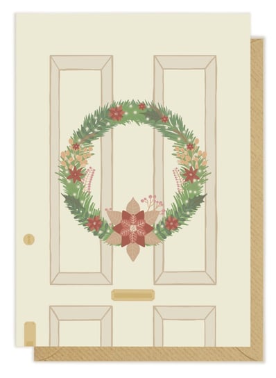 Kartka świąteczna Boże Narodzenie drzwi wieniec Pink Pug