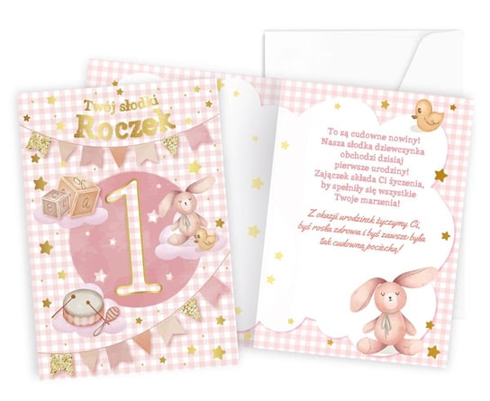 Kartka urodzinowa 1 urodziny roczek z kopertą różowa dla dziecka dziewczynki życzenia ABC