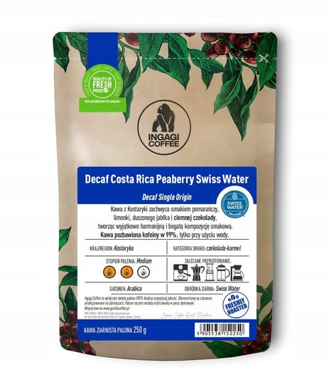 Kawa bezkofeinowa ziarnista 250 g Kostaryka Peaberry Swiss Water Ingagi Coffee